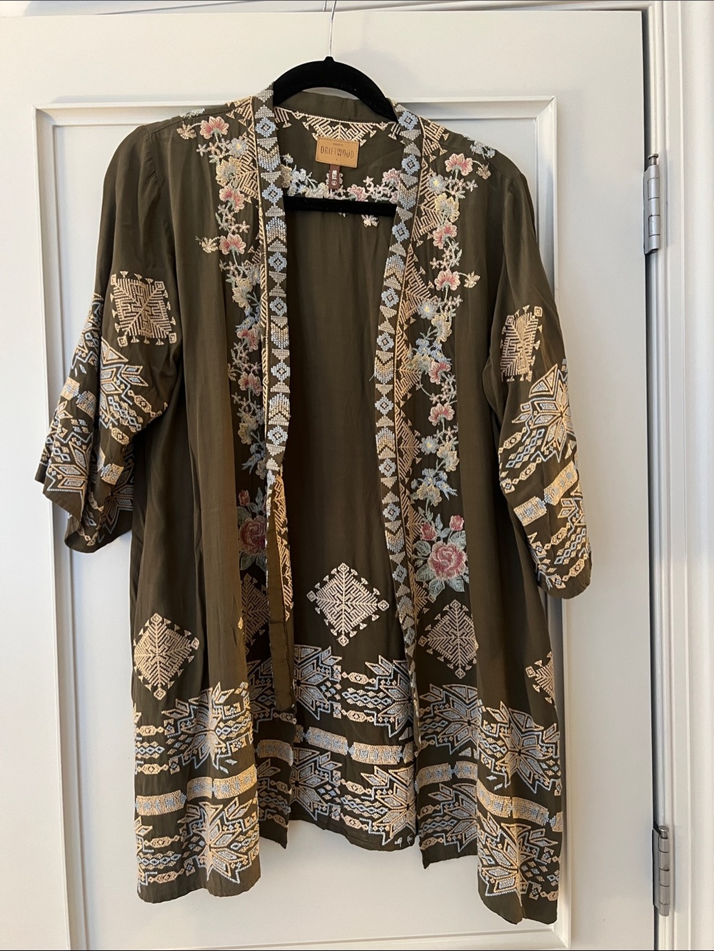 Driftwood Joelle Olive Embroidered Open Front Kimono Jacket